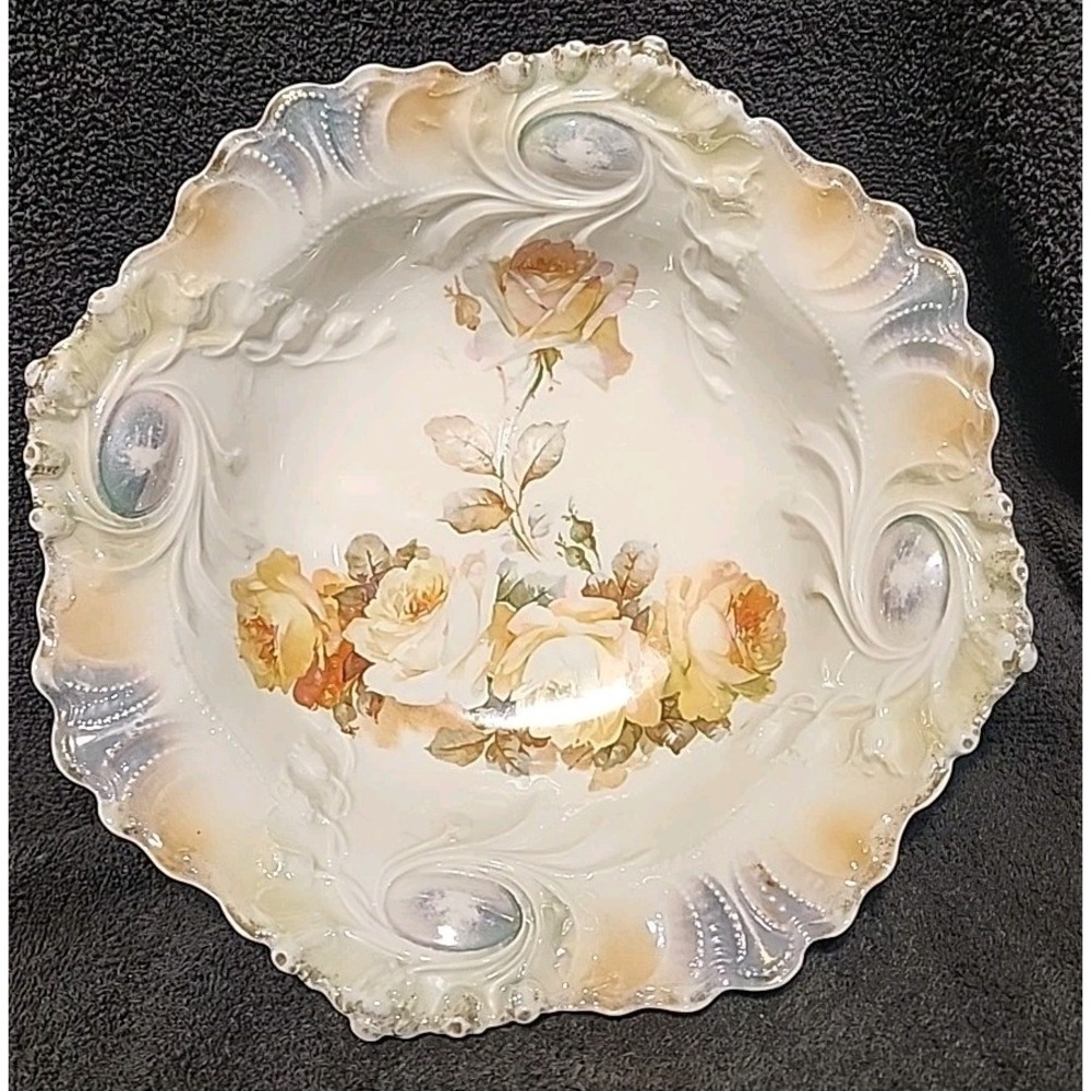 Hand painted porcelain serving bowl w/ Yellow roses and ornate rim Vntg 10 1/2"